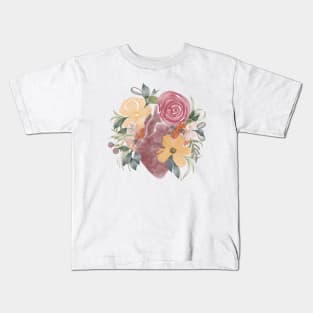 Anatomy of Heart in watercolor with florals Kids T-Shirt